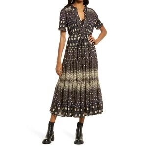 Free People Rare Feelings Maxi Dress Black Floral Tiered Boho Tassel Size M
